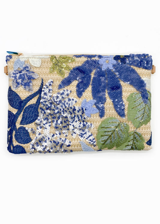 IRIS | blue floral sequin jute clutch bag