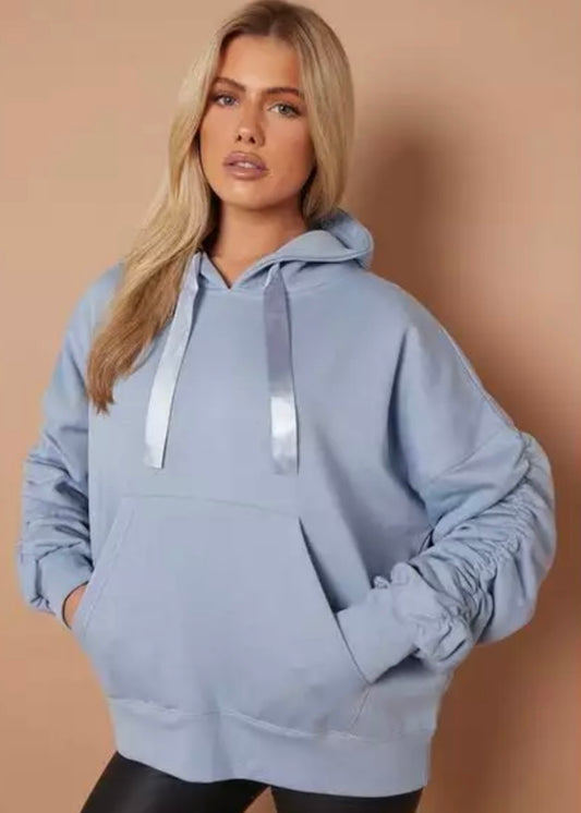 MIA | blue ruched sleeve hoodie