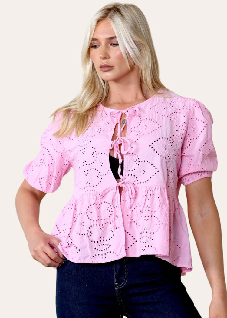 ANYA | pink broderie anglaise blouse with tie detail