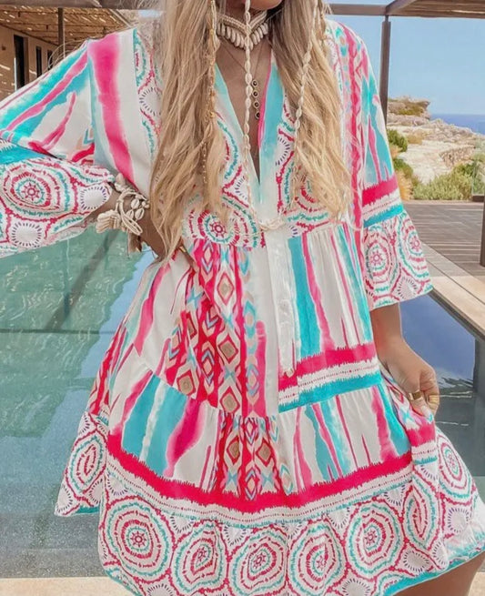 SAIRA | pink and blue print smock dress