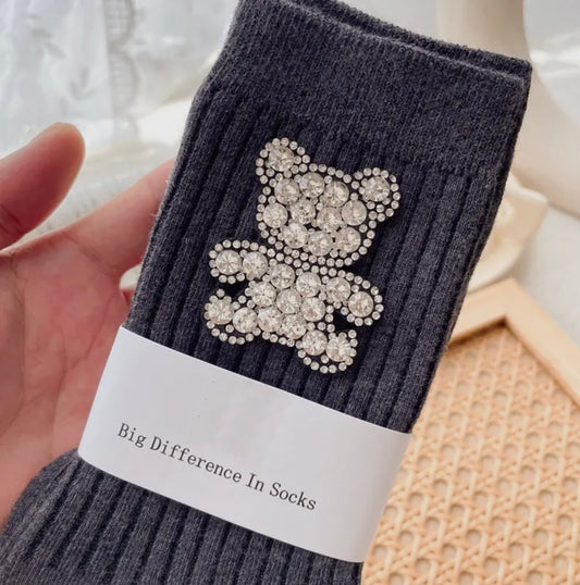 THEA| grey teddy bear embellished socks