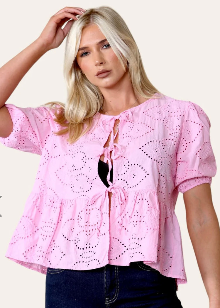 ANYA | pink broderie anglaise blouse with tie detail