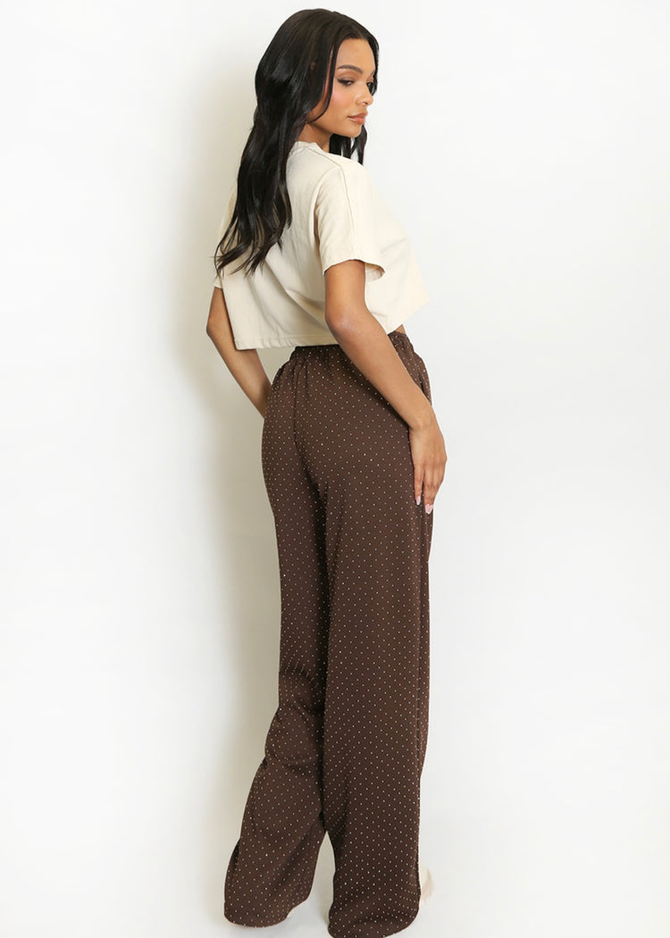 MILLIE | brown pintuck rhinestone wide leg trousers