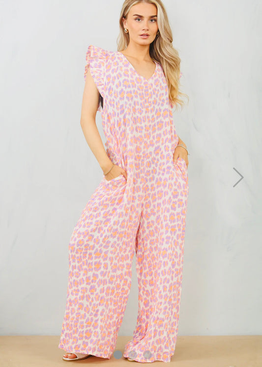 LANA | lilac and orange leopard print cheesecloth wide leg jumpsui
