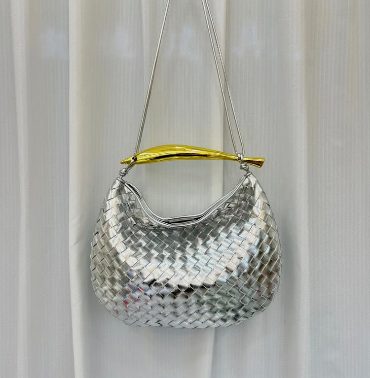 LOUISA | silver woven bag with gold metal handle