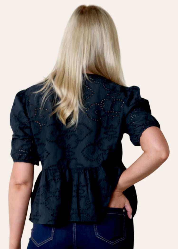 ANYA | black broderie anglaise blouse with tie detail