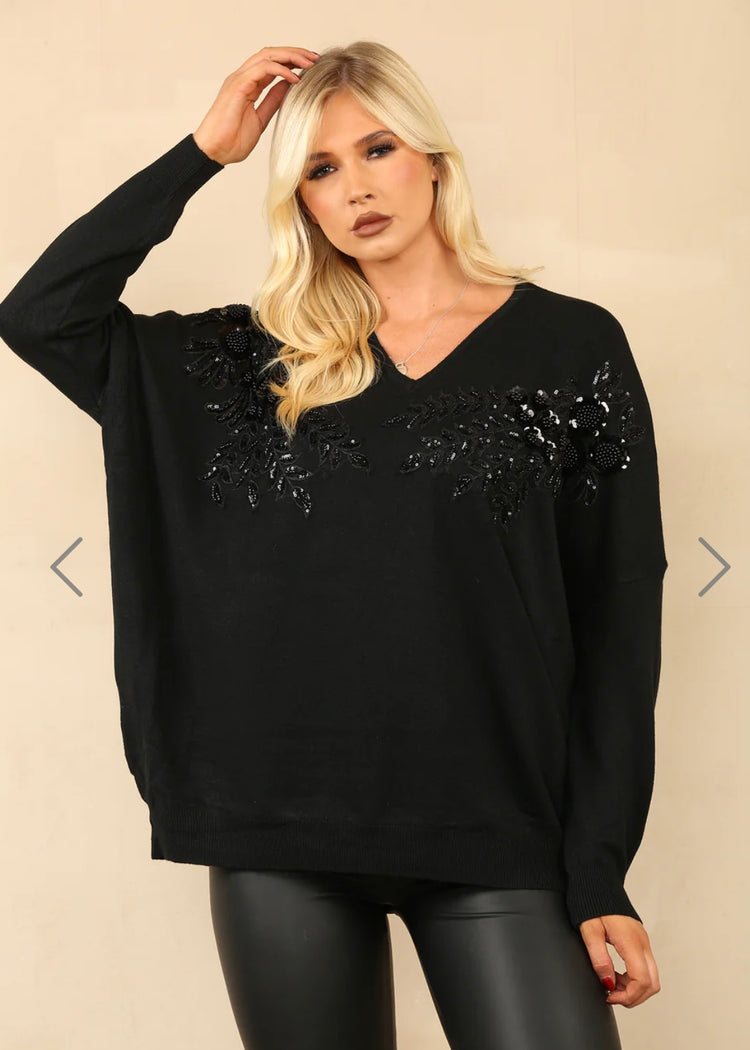 ALICE |  black sequin flower detail jumper