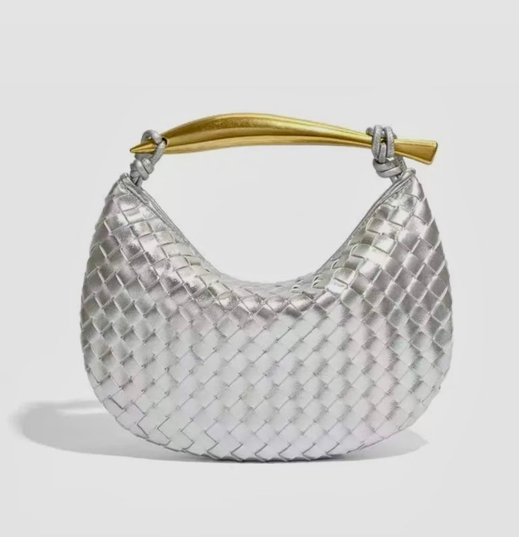 LOUISA | silver woven bag with gold metal handle