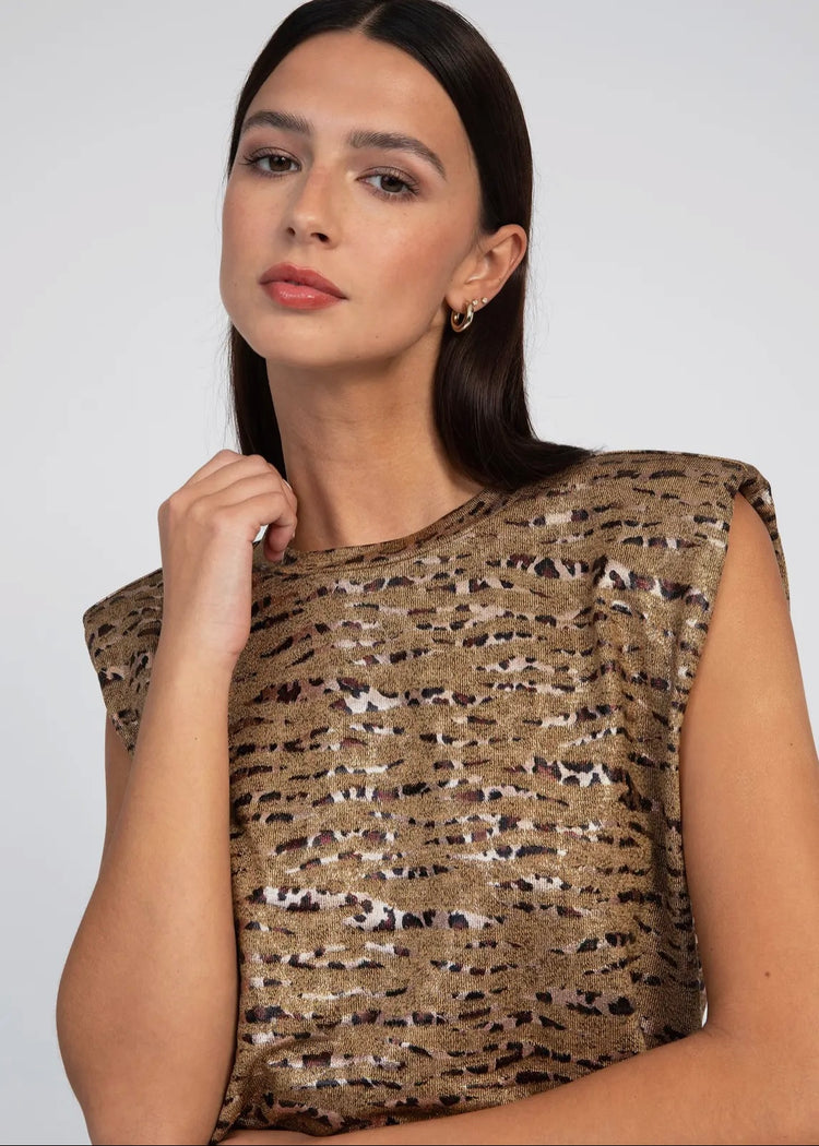 SIENNA |  gold leopard print metallic round neck top