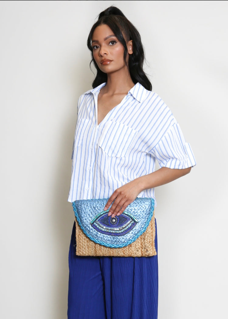 CARMEN | blue metallic eye woven clutch bag