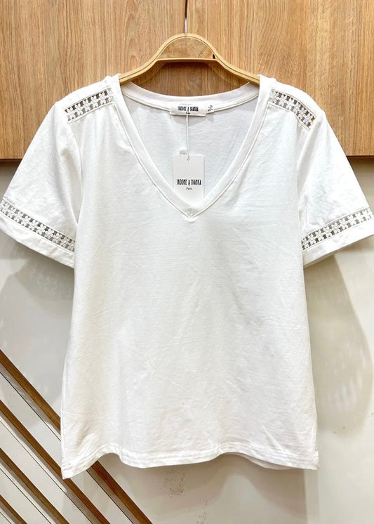 CORA| white v-neck top with cut out detail