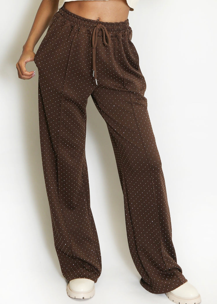 MILLIE | brown pintuck rhinestone wide leg trousers