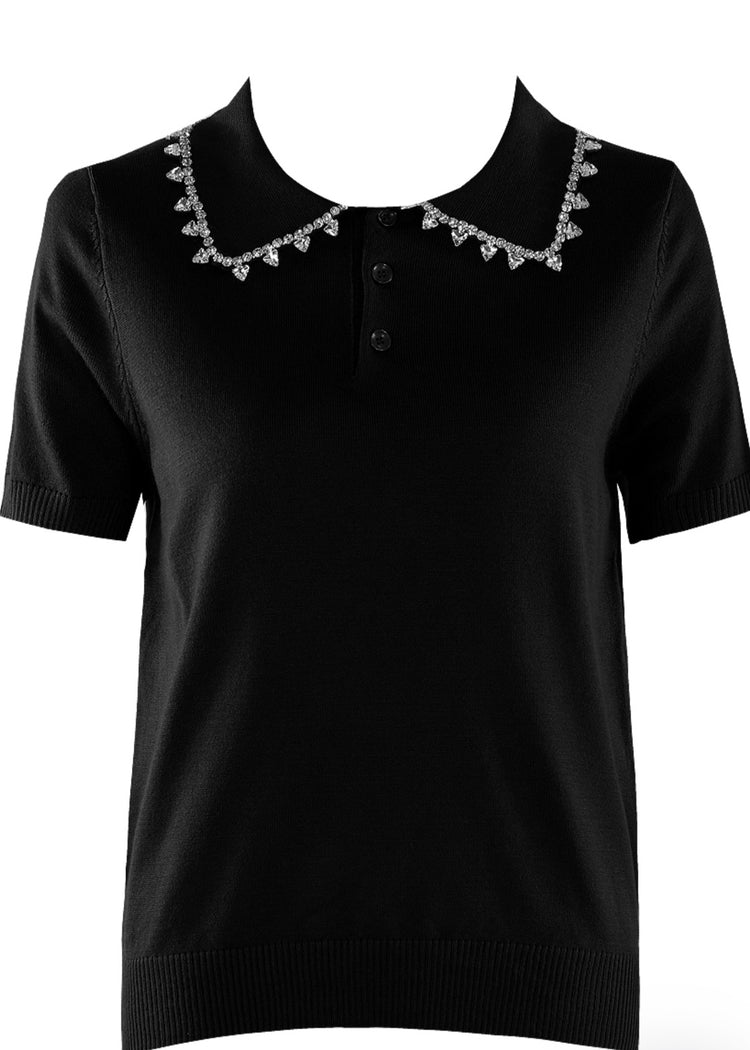 STELLA | Black Fine Knit Polo Top With Embellished Collar