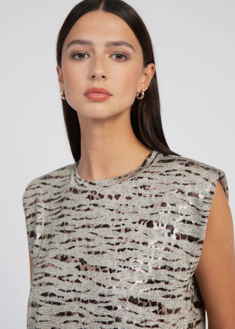 SIENNA |  Ecru leopard print metallic round neck top