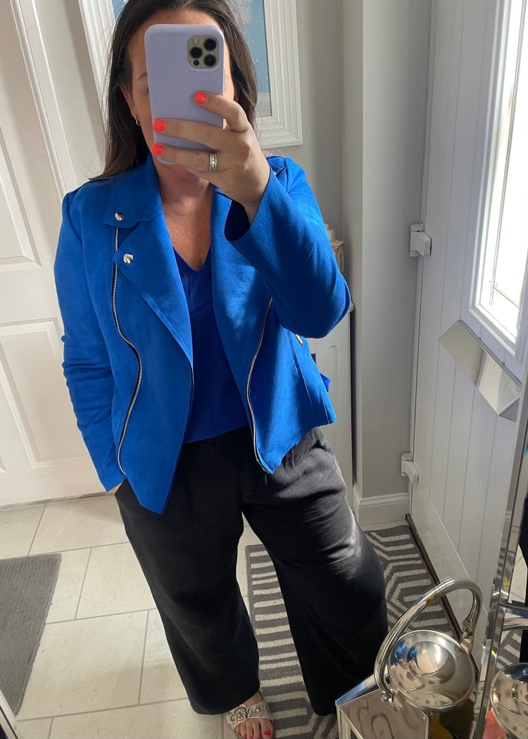 ELLA | royal blue faux suede biker jacket