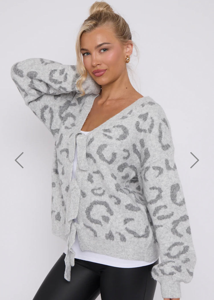 TANYA | grey leopard print tie detail jumper