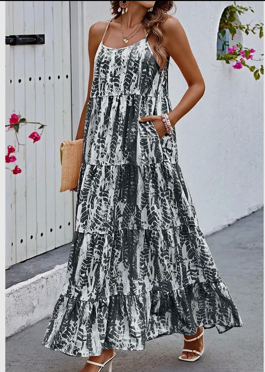 CLARA |  black and white print strappy maxi dress