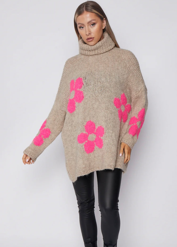 ADDISON  |  beige and pink rollneck flower jumper