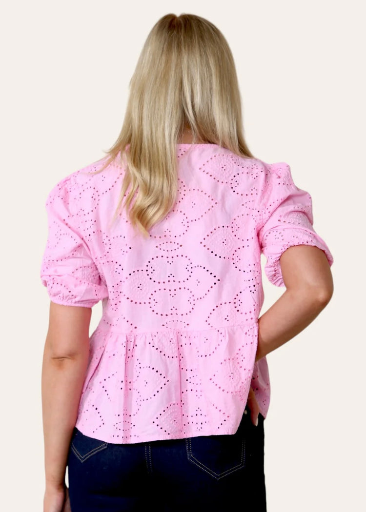 ANYA | pink broderie anglaise blouse with tie detail