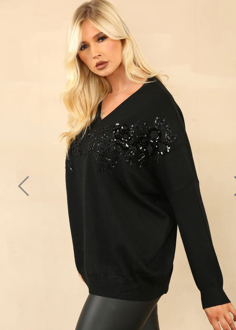 ALICE |  black sequin flower detail jumper