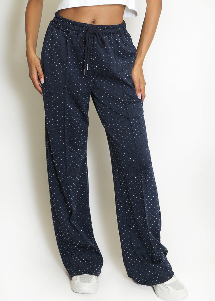 MILLIE | navy pintuck rhinestone wide leg trousers