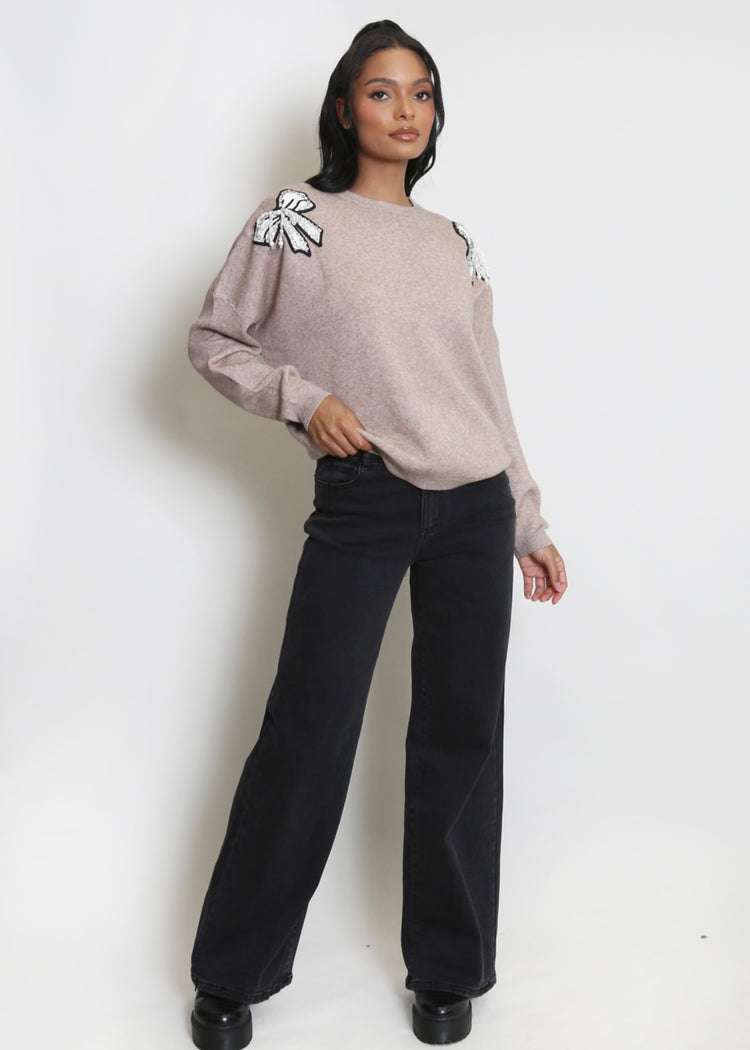 AUBREY |  taupe embellished bow detail jumper