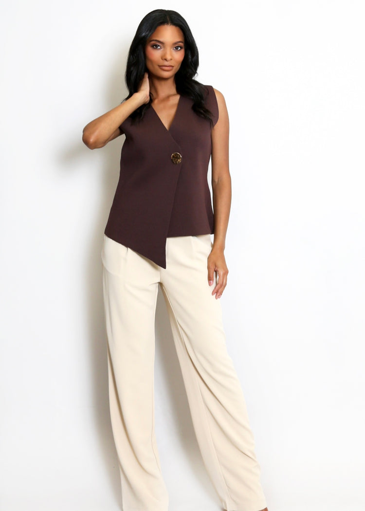 CAMILA |  brown fine knit one button asymmetric waistcoat