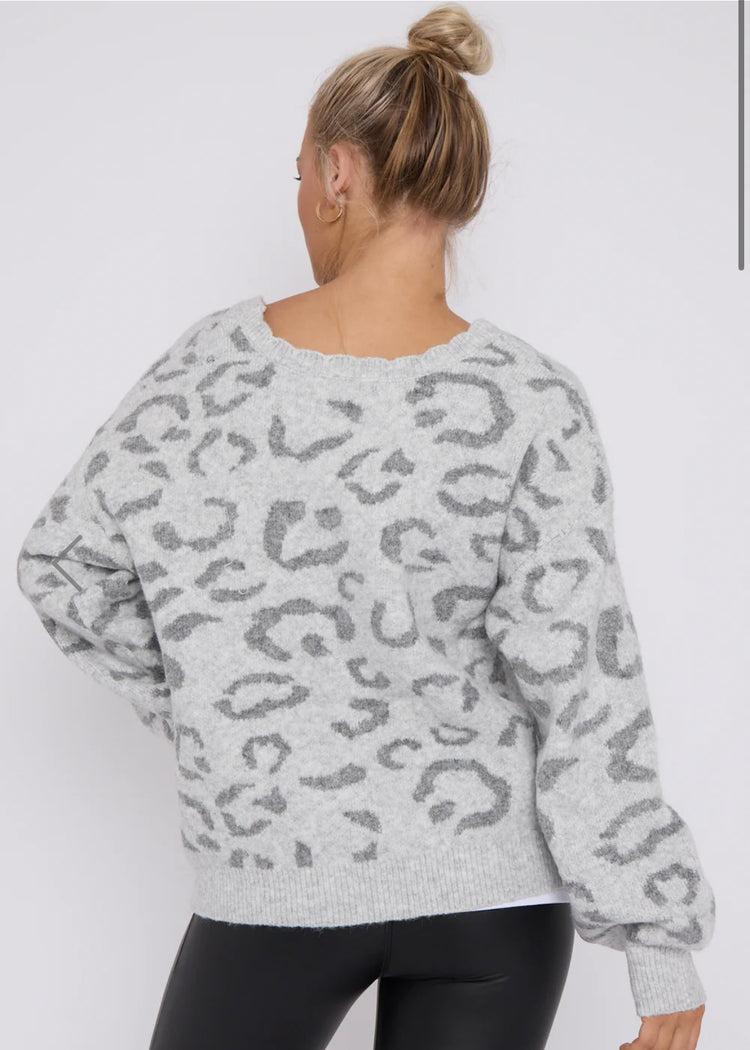 TANYA | grey leopard print tie detail jumper