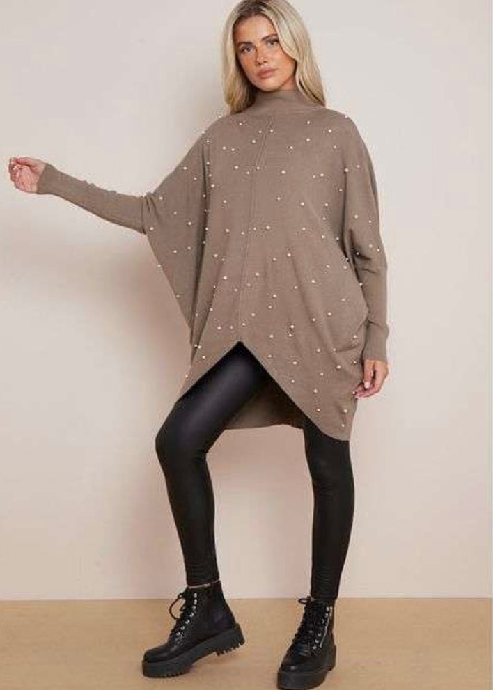 AMELIA |  mocha high neck pearl detail jumper