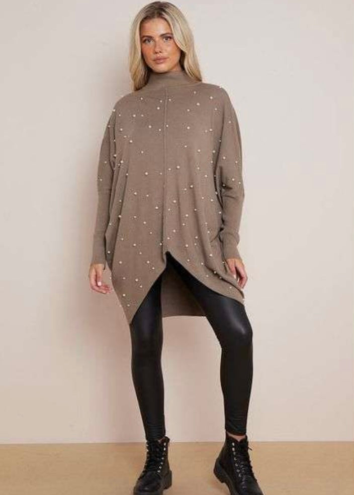 AMELIA |  mocha high neck pearl detail jumper