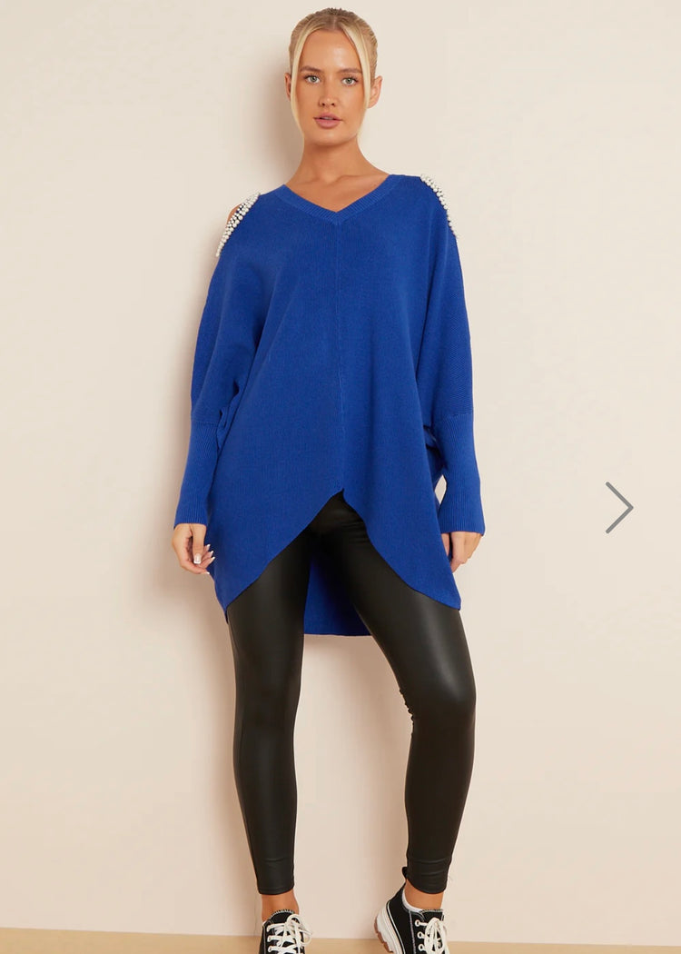 JULIA |  blue cold shoulder pearl heart jumper