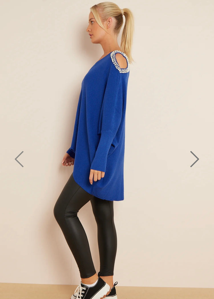 JULIA |  blue cold shoulder pearl heart jumper