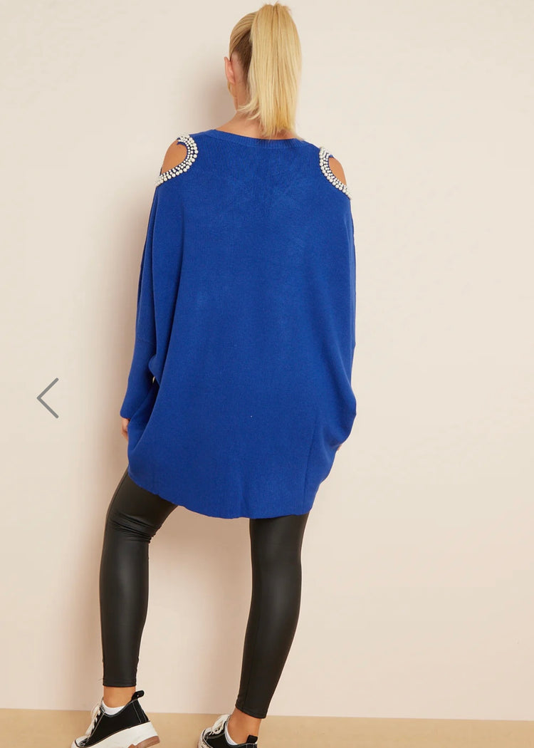 JULIA |  blue cold shoulder pearl heart jumper