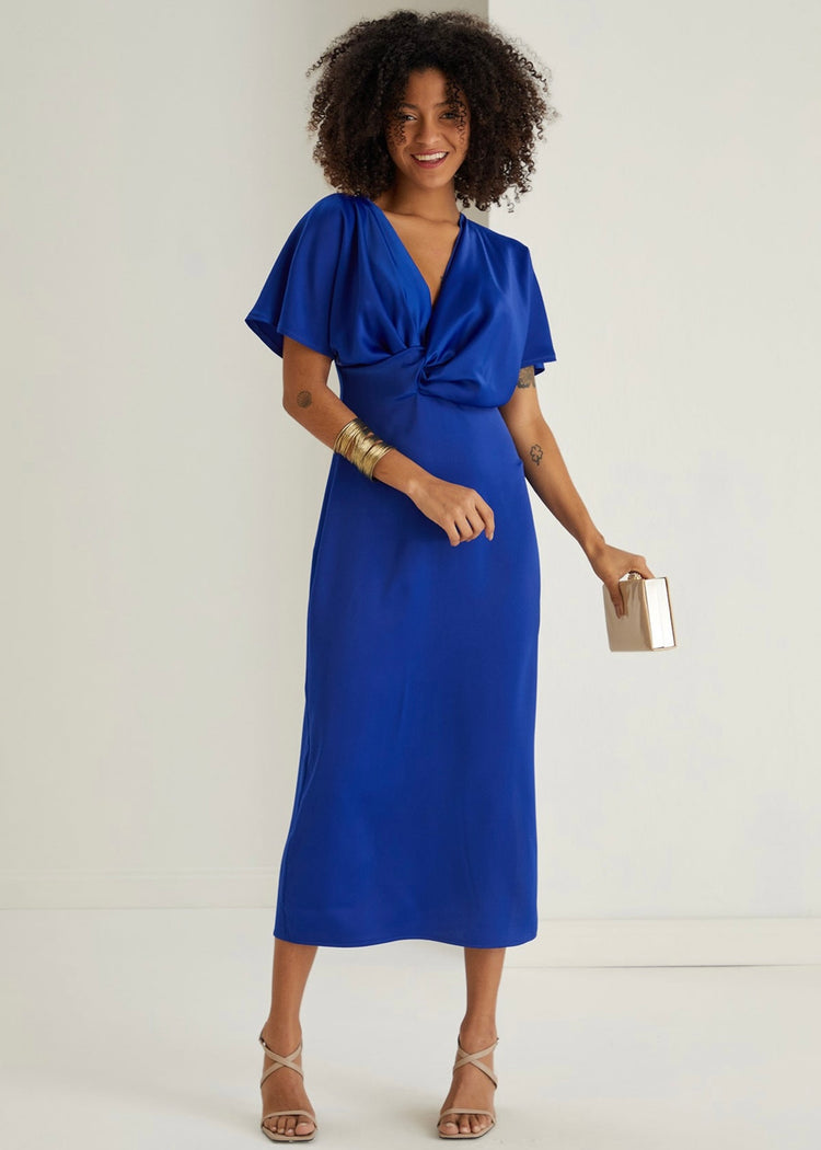 EMMA | royal blue satin feel twist midi dress