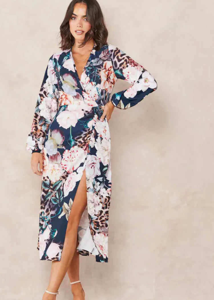 NAOMI | animal and floral print frill midi wrap dress