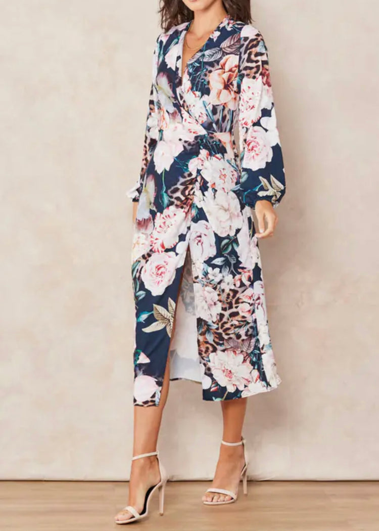 NAOMI | animal and floral print frill midi wrap dress