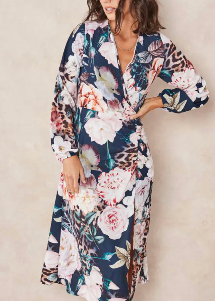 NAOMI | animal and floral print frill midi wrap dress