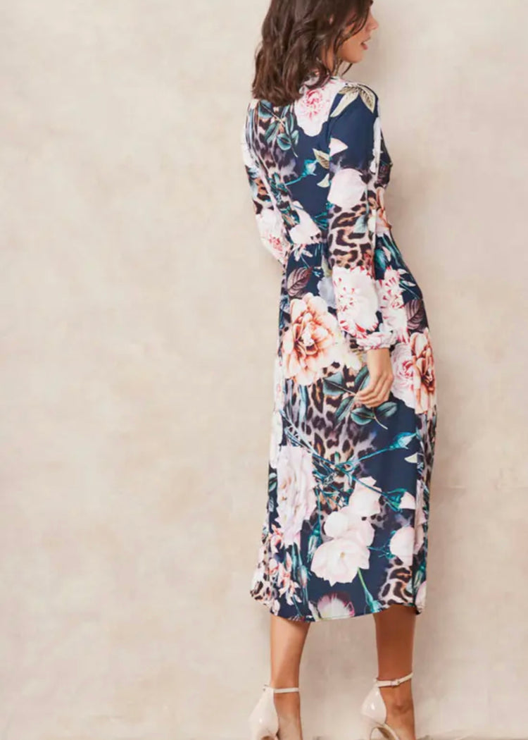 NAOMI | animal and floral print frill midi wrap dress