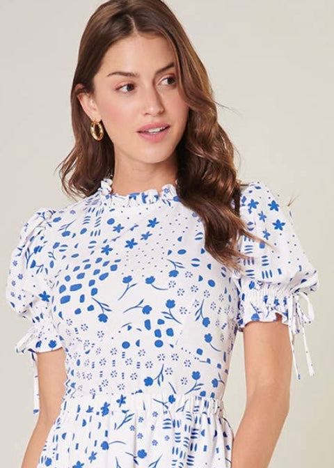 CLARA | blue and white print smocked back cut out top