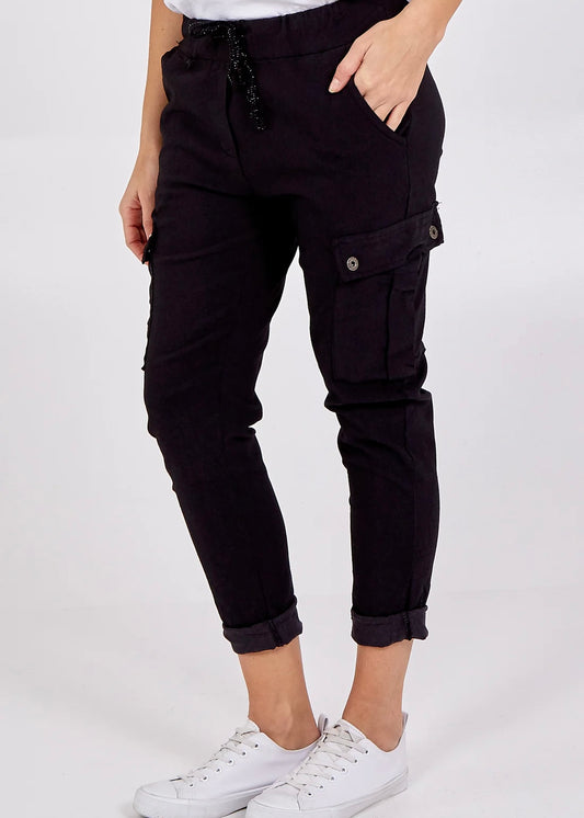 MILLIE | black magic stretch cargo trousers