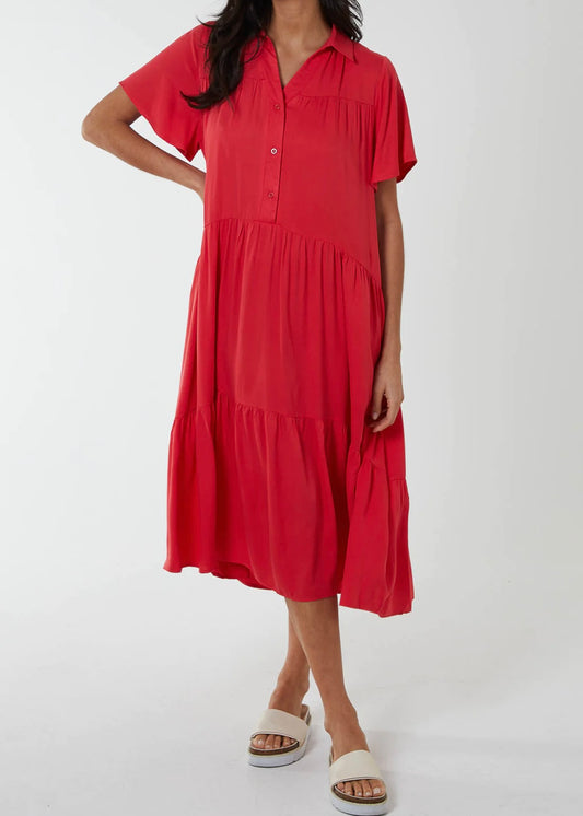 FREYA | coral red drop waist tiered midi shirt dress